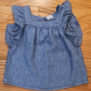 Crewcuts, Blue Linen Ruffle Sleeve Kids Blouse, Girls L 10/12 EUC